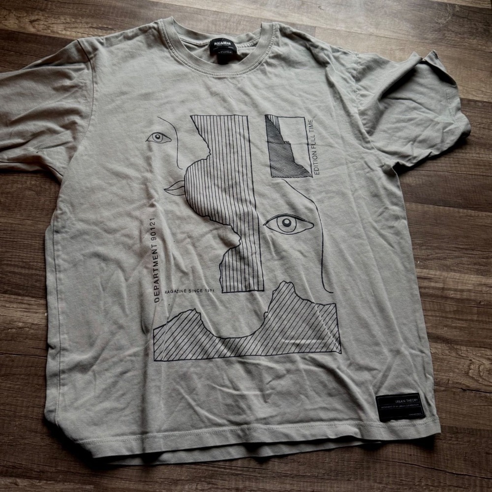 Pull&Bear Urban Theory Graphic T-Shirt Grey Abstract Art Print Mens Size S